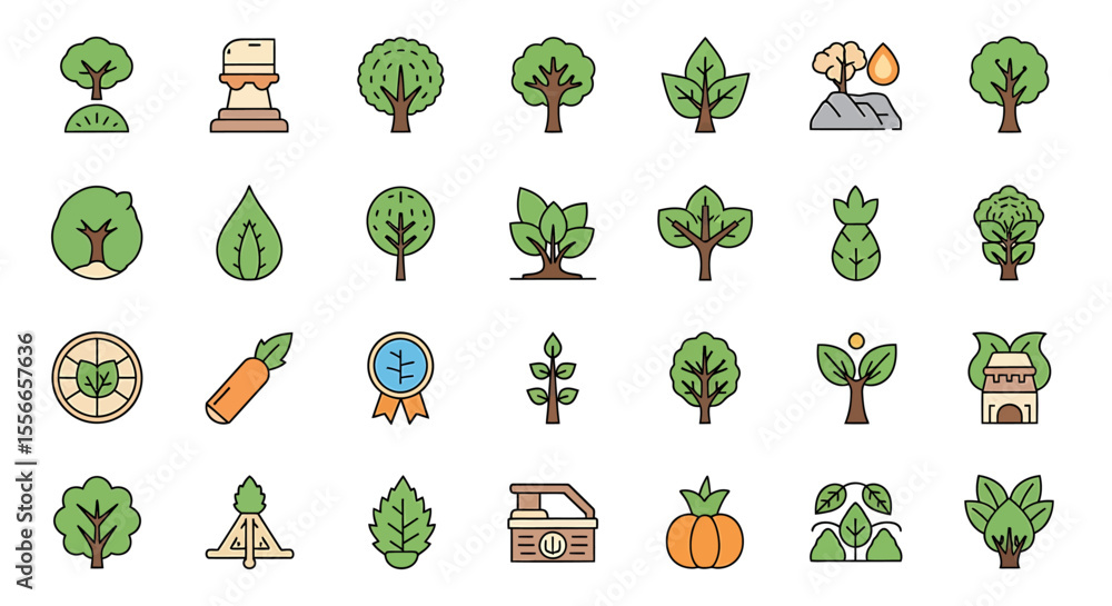 Poster vector icons set of diverse icon set trees nature and environmental elements in flat design. vector 