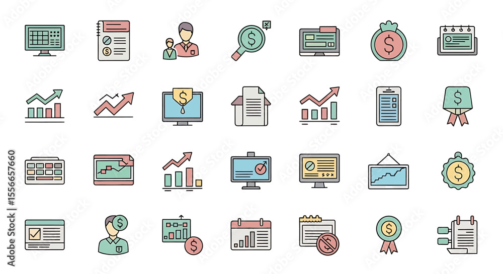 Poster vector icons set of finance and business icon set charts money and data analysis symbols. vector ill