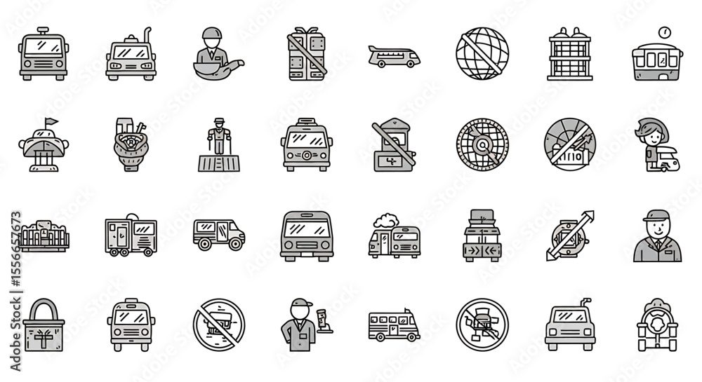 Poster Vector Icons Set of FrontFacing Bus Icon with Gray Accents Simple Outline Style. Vector Illustrations. EPS Editable