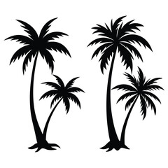 Palm trees silhouette. Retro coconut trees, hand drawn tropical palm silhouettes vector