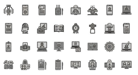 Fototapeta premium Vector Icons Set of Gray Icon Set Diverse Technology and Communication Devices Gadgets and Tools. Vector Illustrations. EPS Editable