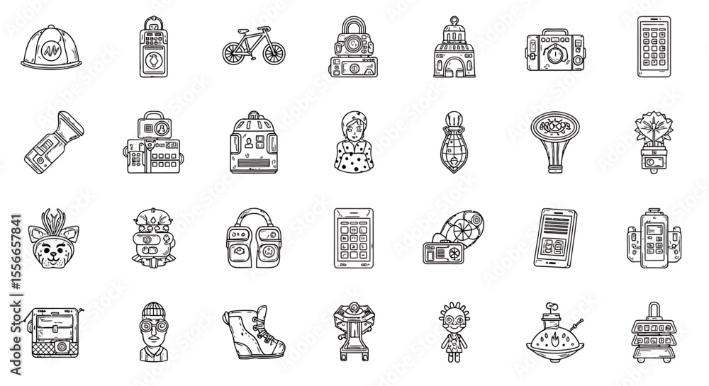 Poster vector icons set of line art illustration of various objects and devices in black and white. vector 
