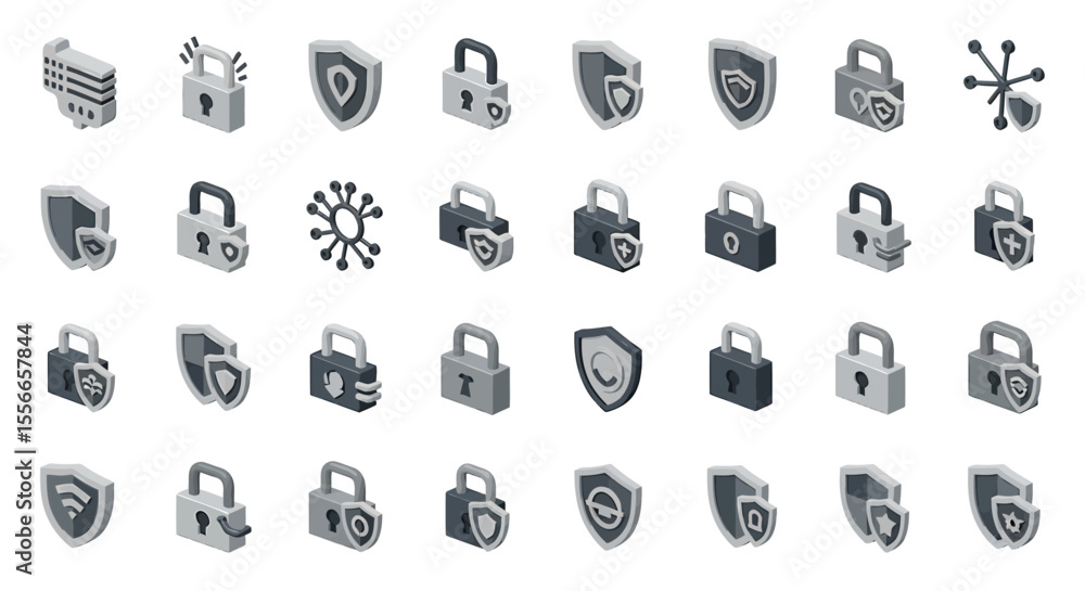 Poster vector icons set of isometric security icons padlocks and shields representing digital protection. v