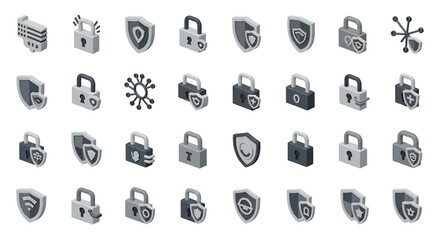 Vector Icons Set of Isometric Security Icons Padlocks and Shields Representing Digital Protection. Vector Illustrations. EPS Editable