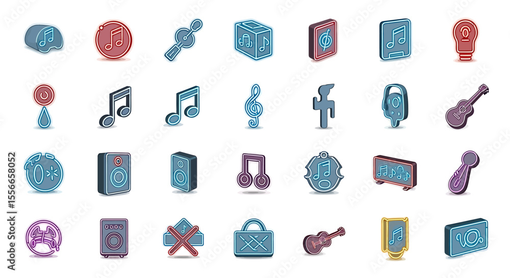 Poster vector icons set of set of neon music icons musical notes instruments and symbols. vector illustrati