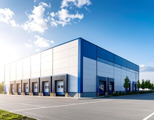 Obraz premium Modern warehouse exterior under a partly cloudy sky
