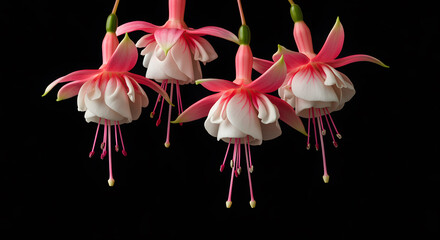 Close up of Four Fuchsia Flowers Against Black Background