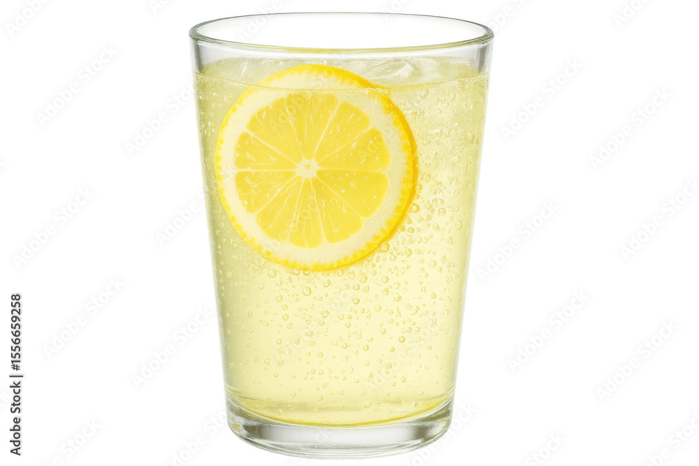 Poster glass of sparkling lemonade with a slice of lemon, ice cubes, and bubbles on a transparent backgroun