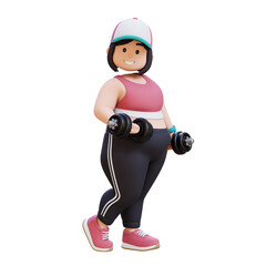 3D Plus Size Overweight girl Exercising with Dumbbells