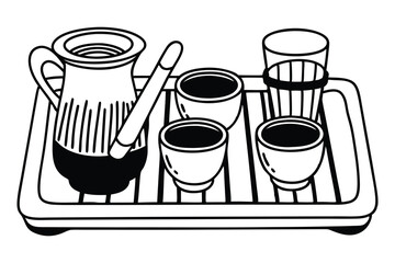 An illustrated black and white drawing depicting a tray with traditional mexican coffee setup and drinkware