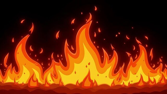 Animated flames rise against a black background, creating a dynamic and fiery visual with a pixelated art style.