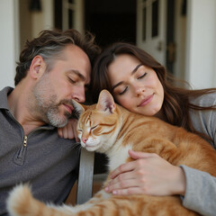 young couple with cat