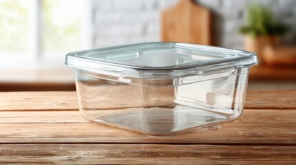 Glass food storage container on wooden kitchen table showcasing modern kitchen design