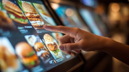 User interacts with digital menu at food ordering kiosk in a fast food restaurant