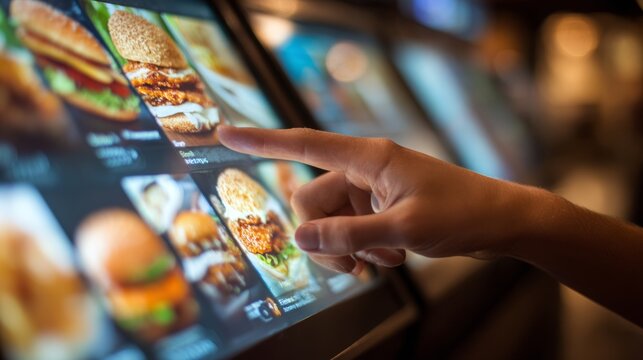 User interacts with digital menu at food ordering kiosk in a fast food restaurant