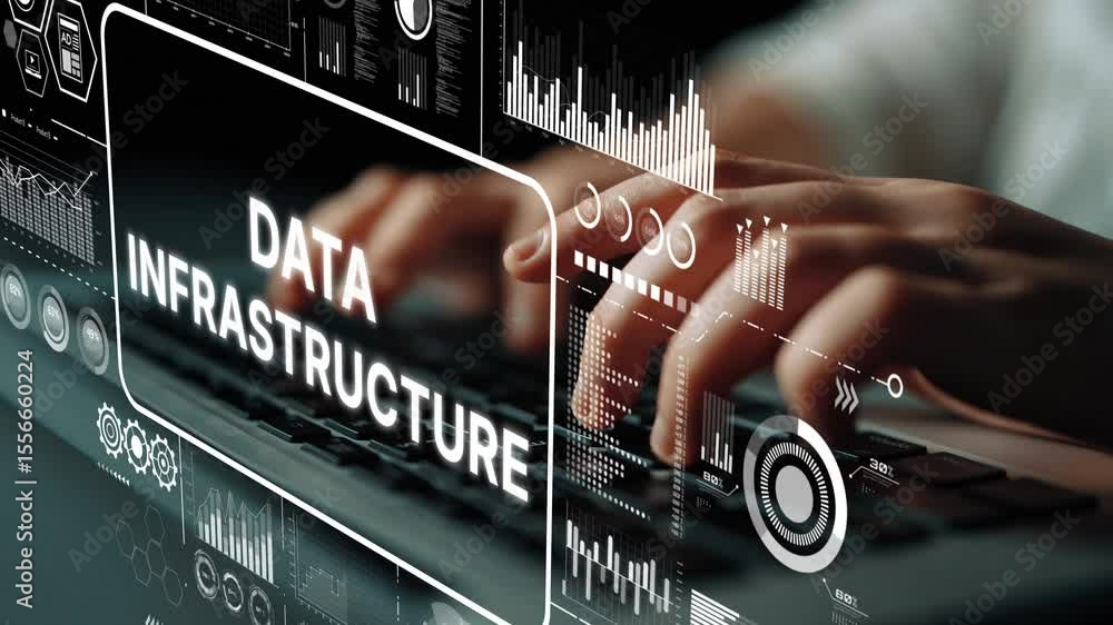 Poster modern showcase of data infrastructure with hands on keyboard and digital analytics visuals enhancin