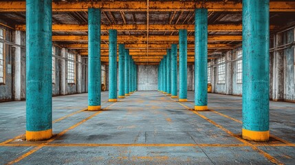 Empty, worn hall with rows of blue & gold columns