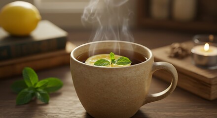 Herbal tea with fresh mint and lemon, wellness vibe