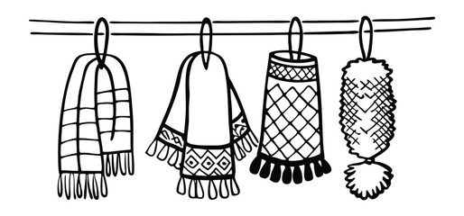 Artistic illustration of hanging textiles with various detailed patterns and textures perfect for design projects and decorations