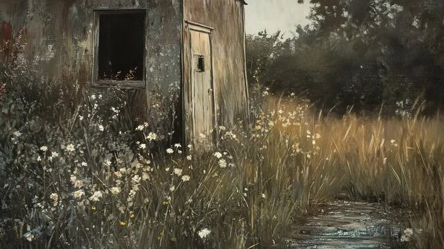 A painting of an old building in the middle of a field