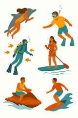 海でのアクティビティを楽しむ様子のイラスト