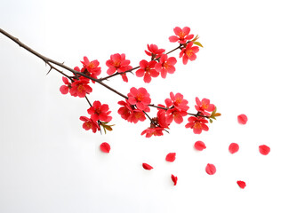 Beautiful Red Blossoms and Petals on White Background