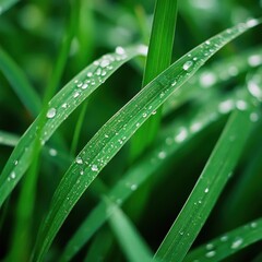 Naklejka premium Clear Water Droplets on Fresh Green Grass Blades