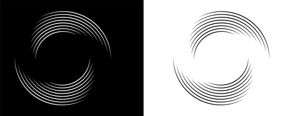Modern abstract background. lines in circle shape. Spiral logo, icon or design element. black lines on white background and white lines on black side.