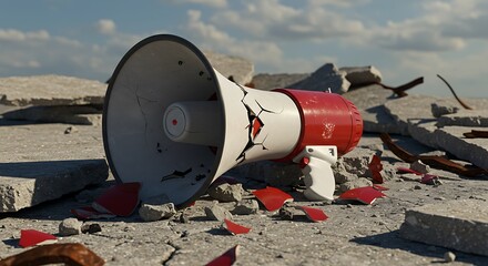 Cracked megaphone amidst rubble, a symbol of broken communication and shattered voices.
