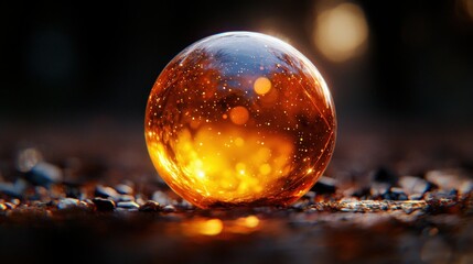 Glowing orb on rough dark ground, bokeh background