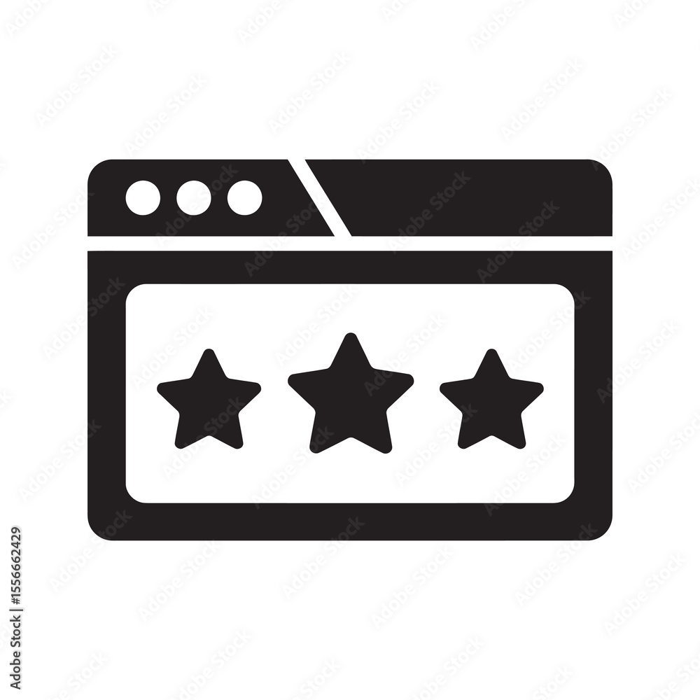 Poster website rating solid glyph icon with browser window and three stars for online review and customer f