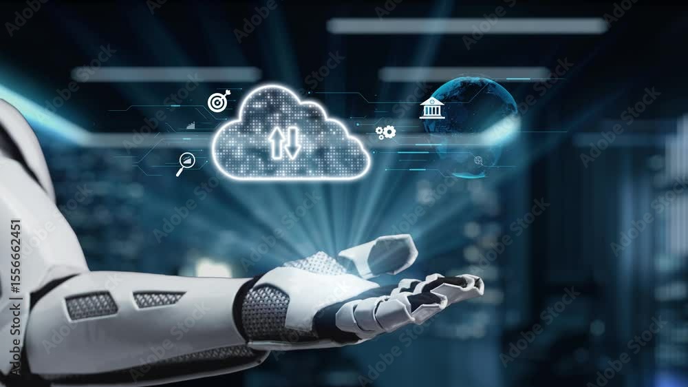 Poster a sleek robot hand points towards a cloud interface filled with technology icons, showcasing concept