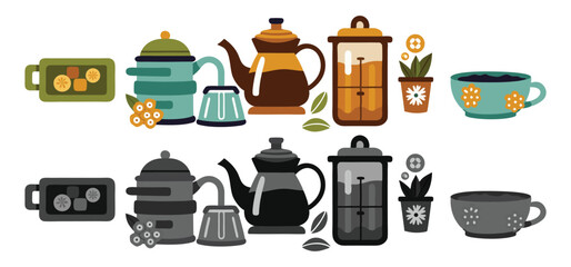 Collection of tea and coffee pots mugs and plants in a colorful flat cartoon illustrative style