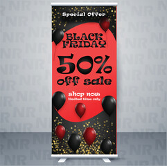 Black Friday Discount Roll up banner Mock up- editable- eps format- Black and Red color- 50% off