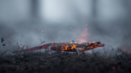 Fire salamander in misty forest