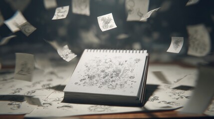 Floating sketches on notepad