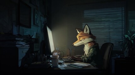 Fox working at computer at night