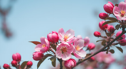 Close up of Beautiful Pink Blossoms Against a Light Blue Sky