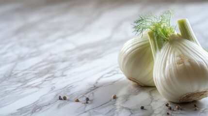 Fresh fennel bulbs on marble surface