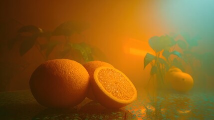 Fresh oranges with slice under dramatic lighting for culinary projects