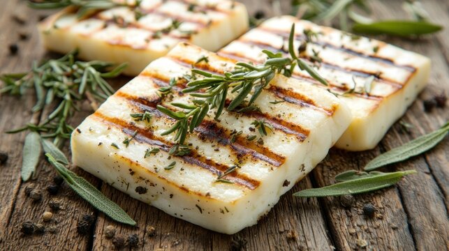 Grilled halloumi cheese with rosemary on rustic wood