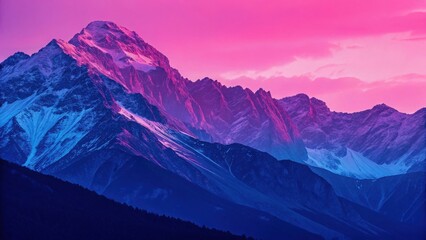 Fototapeta premium Majestic mountains bathed in a vibrant pink and blue sunset, creating a dynamic, abstract, and otherworldly landscape.