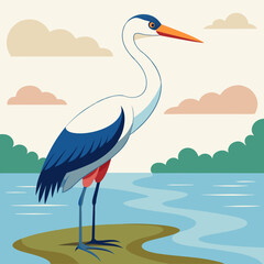 Stylized illustration of a white heron with blue wings standing by a calm lake
