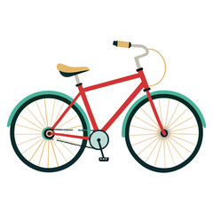 Obraz premium Retro red bicycle with teal fenders and a tan seat on a white background