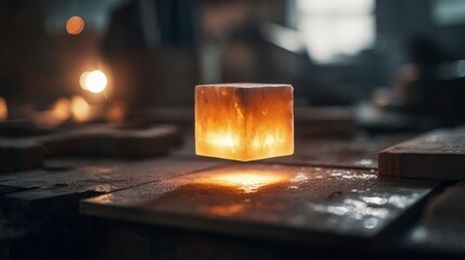 Glowing cube hovers over metal