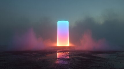 Glowing cylinder in misty landscape