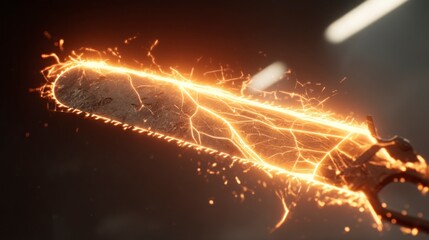 Glowing energy chainsaw with sparks against dark background