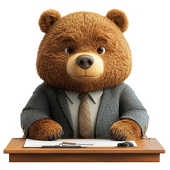Cartoon Bear in Suit Sitting at Desk with Paper and Pen