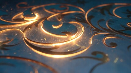 Golden swirls pattern illuminated on blue surface for design and background