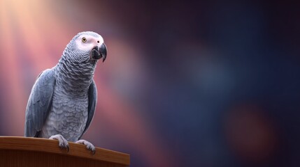Gray parrot on wooden perch